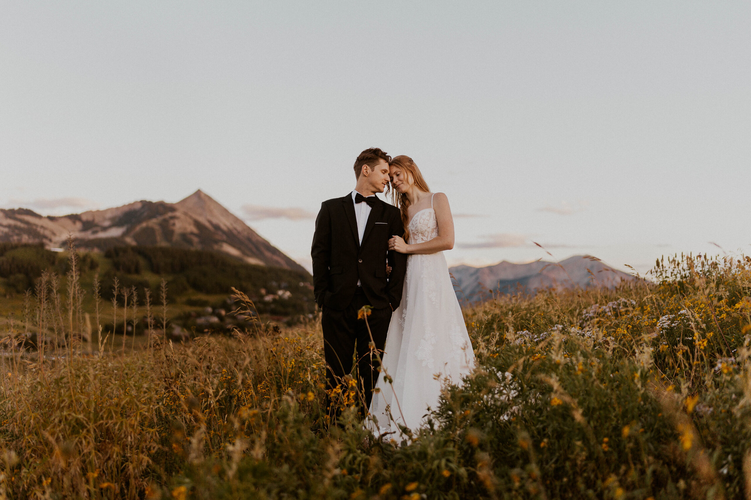 Couple eloping in colorado during wildflower season at sunset
